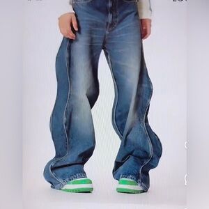 Men Trendy Wide Leg‎ Wave Design Jeans Influencer & Celebrity Inspired High Rise